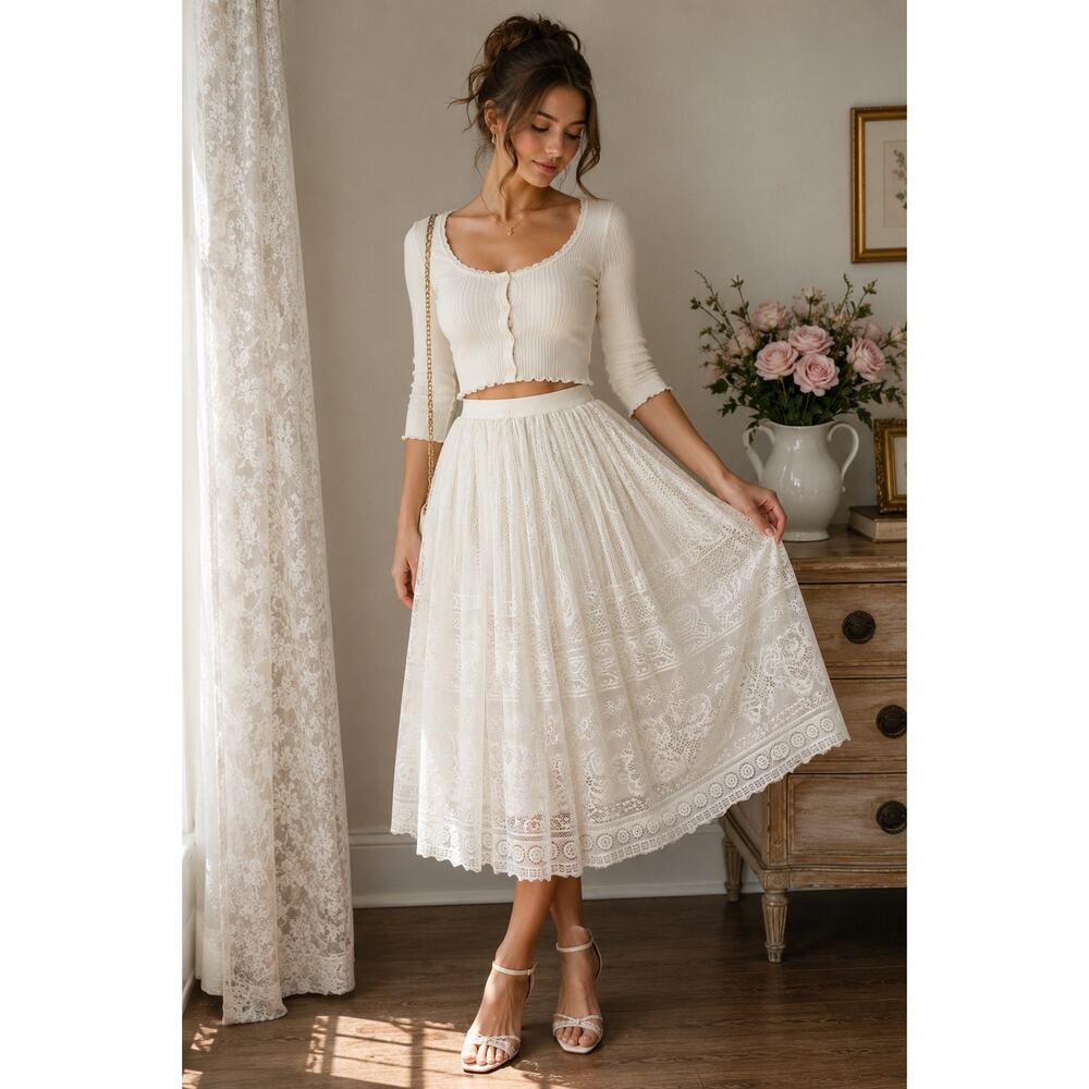 Ivory Lace Midi Skirt Cottagecore Fairy Romantic Boho Bridal Size Medium Wedding